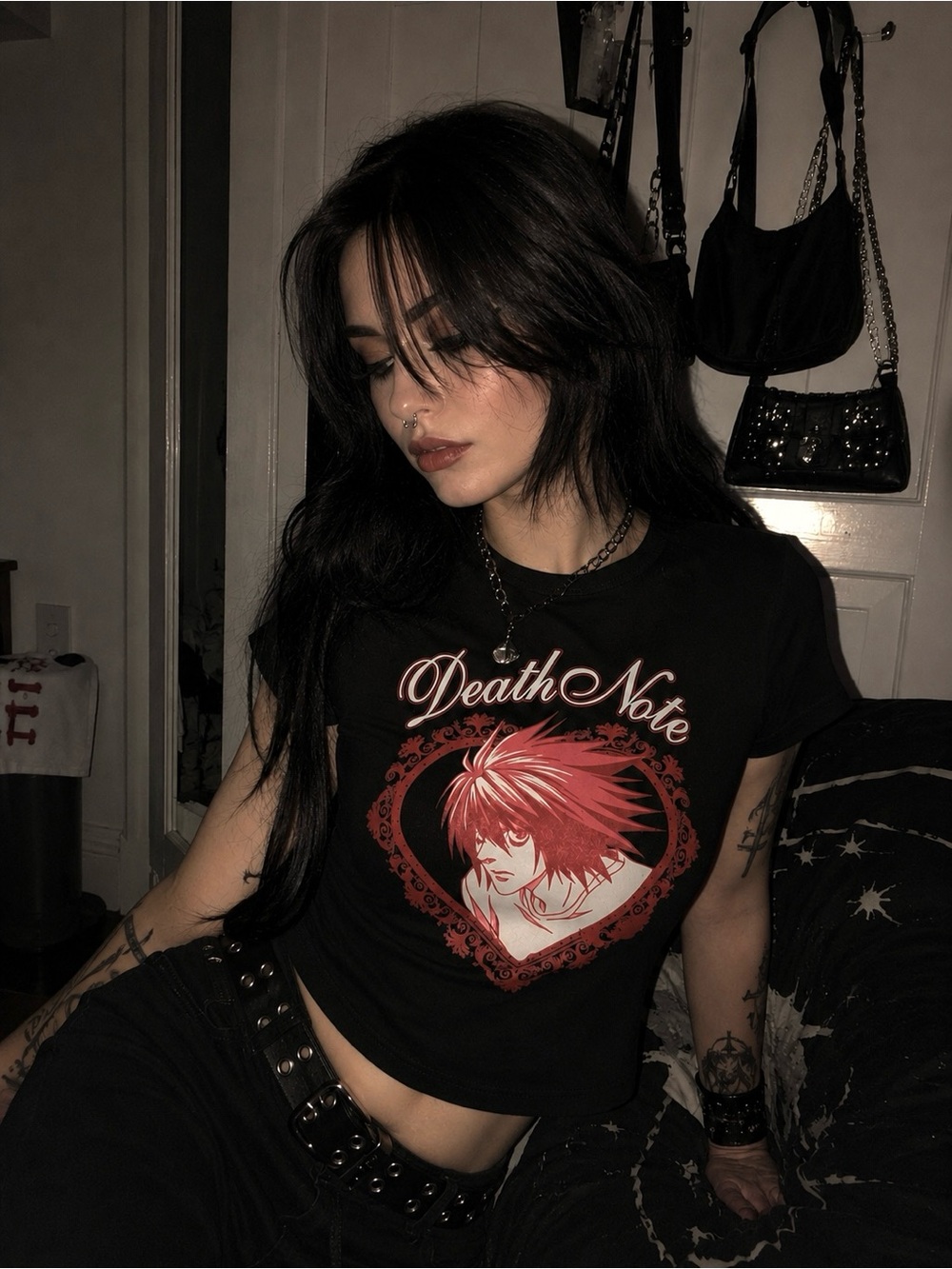 Hot Topic Death Note Lawliet Black Graphic Crop Tee - Deadstock Anime Print
